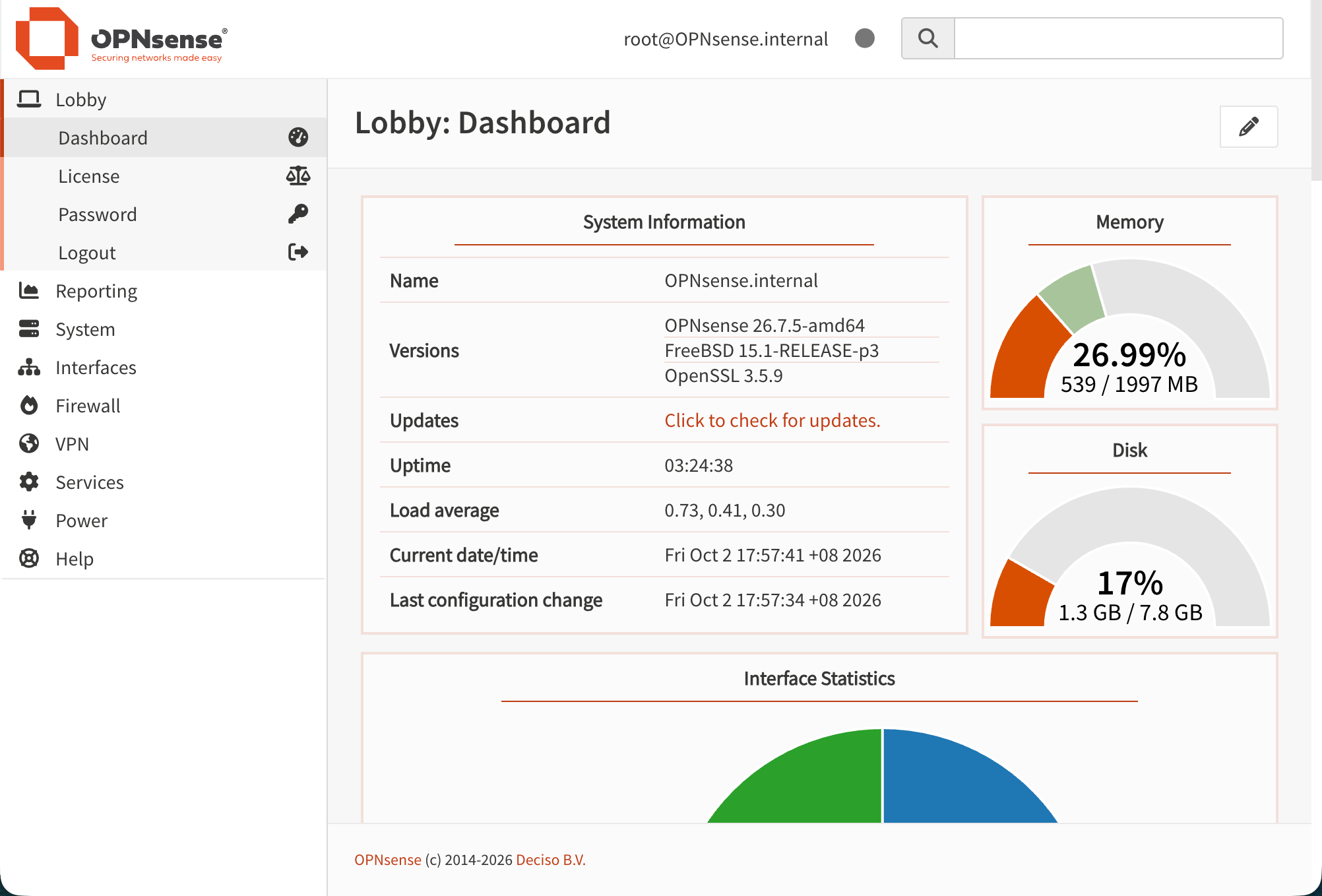 OPNsense dashboard showing about 2 GB of RAM and an 8 GB disk