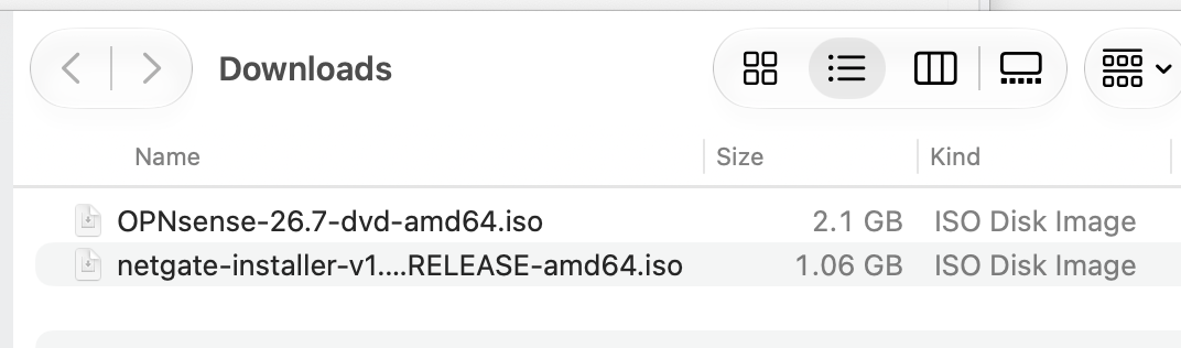 Downloaded OPNsense DVD ISO and Netgate installer ISO shown side by side