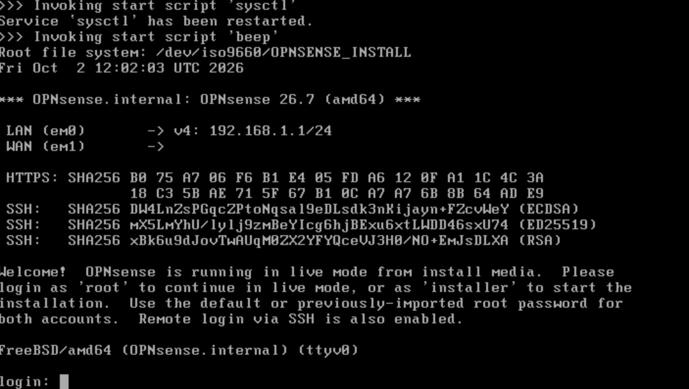 OPNsense live-mode console explaining the root and installer login options